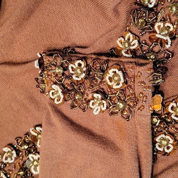 VTG JUST B Brown Floral Glass Beaded Coquette Cardigan Sweater XL - Picture 5 of 13